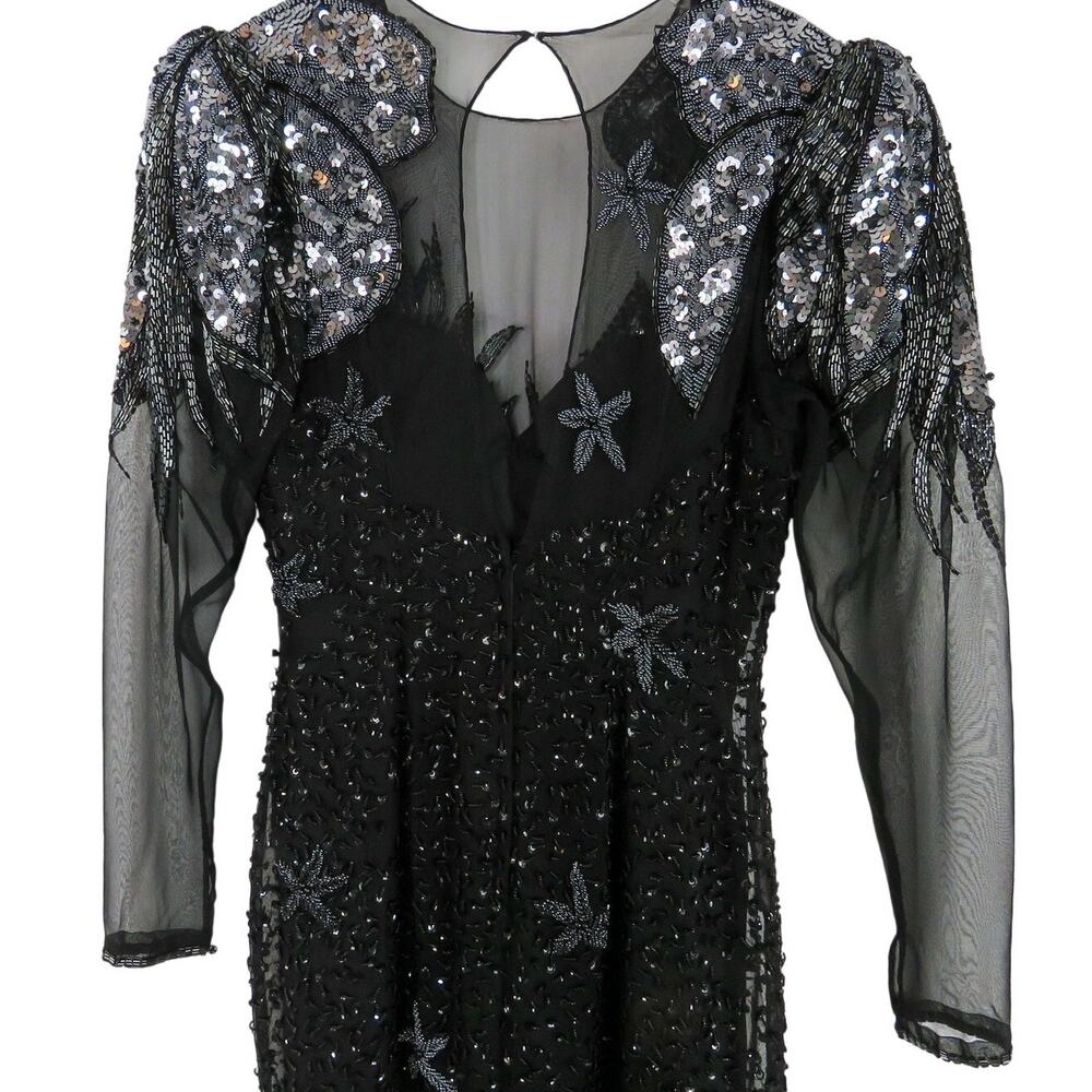 Sava Fashions 1970s Vintage Black Sequin Beaded Long Sleeve Dress Gown Small - Picture 6 of 8